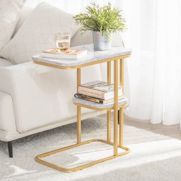 Rootz Modern -sivupöytä - Lehtiteline - Siirrettävä työasema - MDF marmoripinnoitteella - Säädettävät jalat - 50cm x 58cm x 30cm