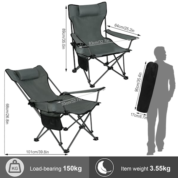 Rootz Camping tuoli - Kokoontaittuva kalastusistuin - Rantatuoli - Lepotuoli - Kannettavat ulkokalusteet - Rentoutumisistuin - Harmaa - 35,7 x 7,7 x 6