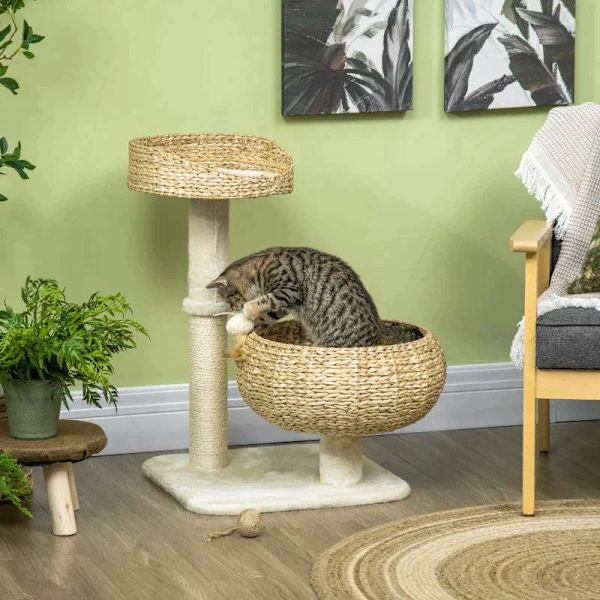 Rootz skrapstolpe - Två kattsängar - med tvättbara kuddar - Två skrapstolpar - Toy Ball - Beige/Gräddvit - 48 x 48 x 72cm