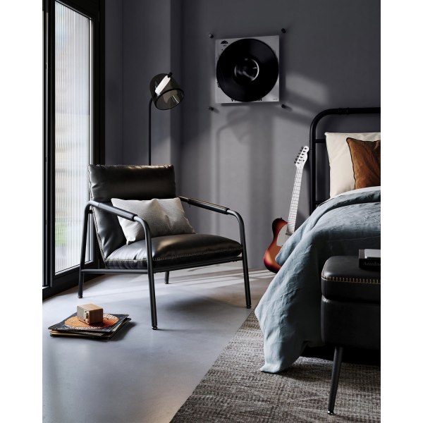 Rootz Ink Black Lounge Chair - Fåtölj - Vadderad sits - Stålram - Polyesterfiber - PU syntetiskt läder - Lätt - Robust - Bekväm - 90 cm x 74,2 cm x 90