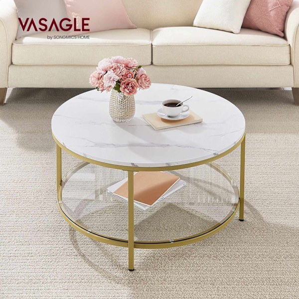 Rootz Marble White-Metallic Gold Soffbord - Vardagsrumsbord - Modernt mittbord - Spånskiva - Härdat glas - Stålstomme - Justerbara fötter - Lättvikt -