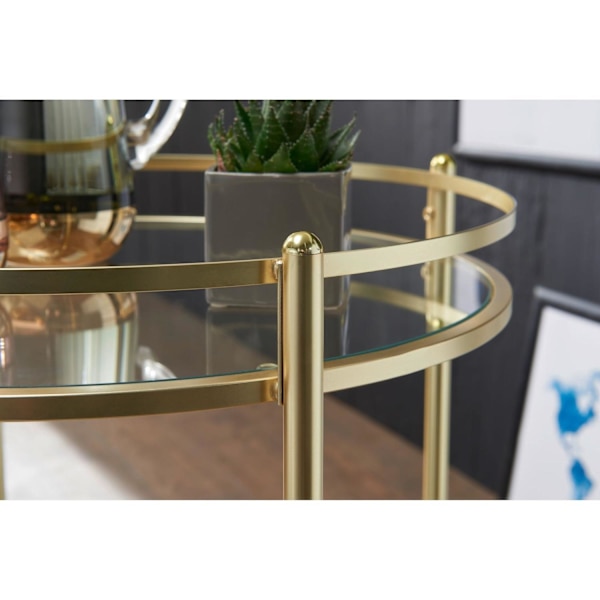 Rootz Sidobord - Sidobord på hjul - Köksvagn - Serveringsvagn - Tevagn - Ø 57 cm - Guld - Glas