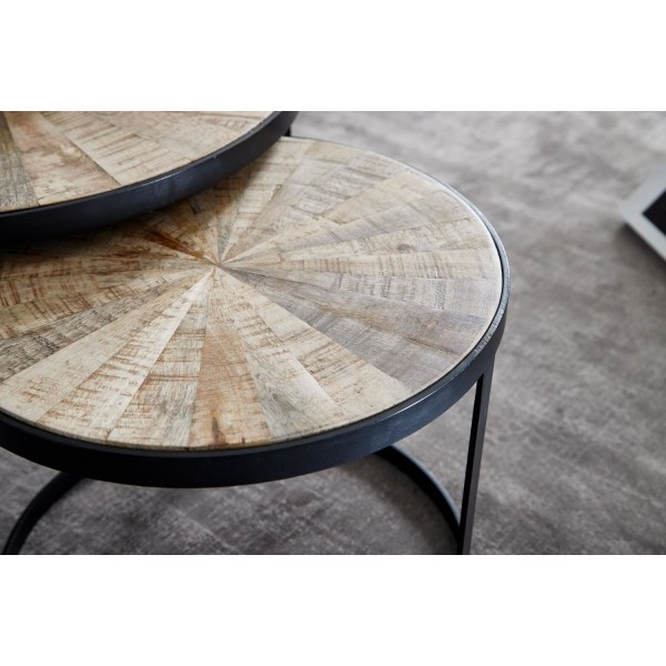 Rootz design soffbordsset med 2 st mango massivt trä häckbord runda - Soffbord med metallben brunt - Bordsunderlägg 2-delat häckbord i trä - metall sv