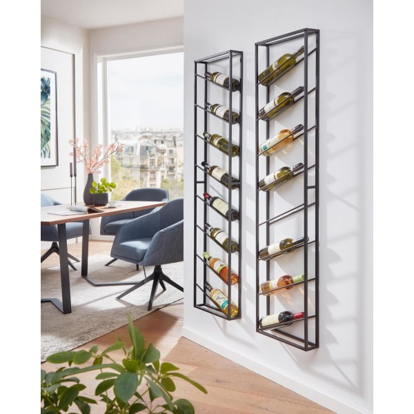 Rootz ställ vägg metall svart 36x150x8 cm stor för 8 flaskor - Design vägghylla för köket - Flaskställ Hängande smal Väggmonterad