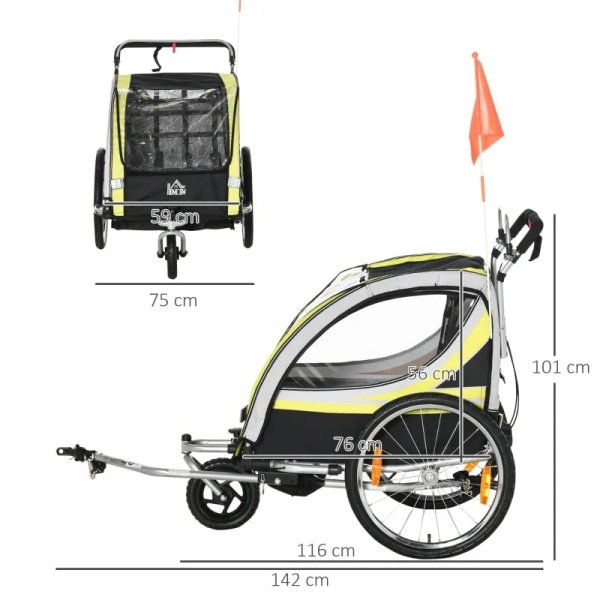 Rootz 2-i-1 cykeltrailer - Til 2 børn - Glidefunktion - Regnslag - Bremse - Oxford stof - Gul + Sort - 142cm x 75cm x 101cm