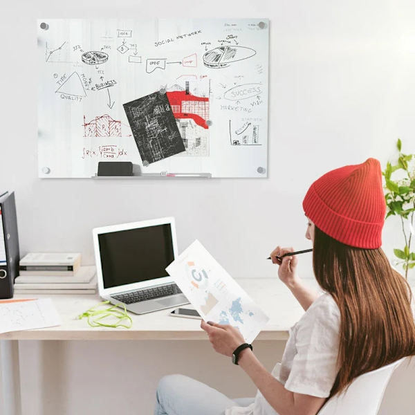 Rootz Glas Whiteboard - Memo Board - Whiteboard - 4 kuglepenne - 6 magneter - 1 svamp - 1 hylde - Kontorartikler - Hvid - 90L x 60W cm