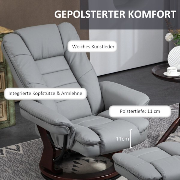 Rootz liggende drejelig stol med afføring - afslapningsstol, vippende ryglæn - faux læder - 85x82x106 cm - 130 kg kapacitet - grå