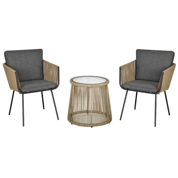 Rootz Havemøbler - 3-delt siddegruppe - 2 stole - Sidebord - Sæde & rygpuder - Hærdet glas - Bordplade - Kunstrattan - PE Rattan-polyester - Grå - 42W
