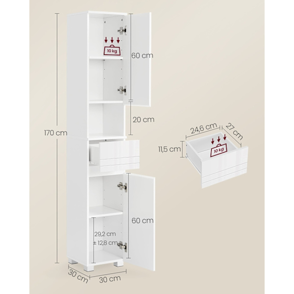Rootz Classic White Badrumsskåp - Förvaringsenhet - MDF-möbler - Rymlig design - Robust konstruktion - Enkel montering - 30cm x 30cm x 170cm