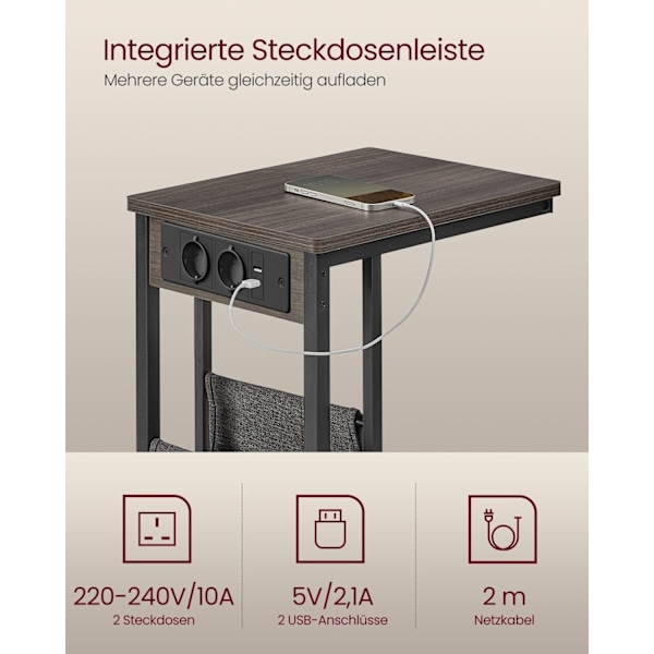Rootz Modern Sidebord - Endebord - Sengebord - Spånplade - Stål - Polyesterstof - 30cm x 40cm x 62cm