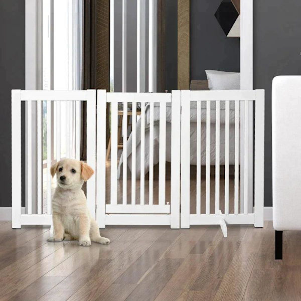 Rootz Træspærre - Fritstående Hundeport - Dørport - Justerbar Hundelåge - Foldbar Trappeport - Hvid - 155 x 1,5 x 76 cm