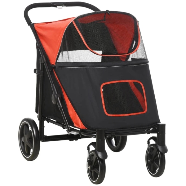 Rootz Folding Dog Trolley - One-click System - Travel Essentials - Foldbar - 2 sikkerhedsliner - Stål+oxford stof - Rød + Sort - 112L x 65W x 100H cm