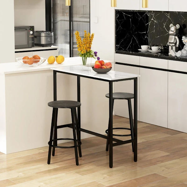 Rootz Bar Set för 2 personer - 1 bord med 2 barstolar - Bordsskiva i vit marmorlook - Stålstomme - Vit + Svart - 100cm x 40cm x 90H cm