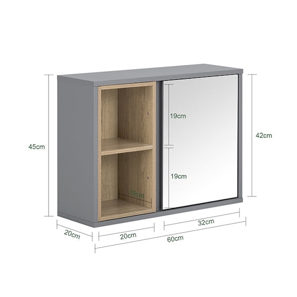 Rootz Mirror Door Wall Cabinet - Badeværelsesopbevaring - Vægskab - Rumbesparende - 60 cm x 45 cm x 20 cm