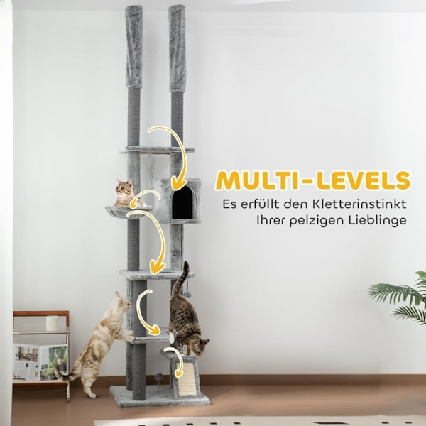 Rootz Cat Scratching Post Tree - Justerbara höjder - Mysiga hängmattor - Flera nivåer - Mjukt skydd - Rejäla stöd - Golv till tak - Grå - 60cm x 48cm