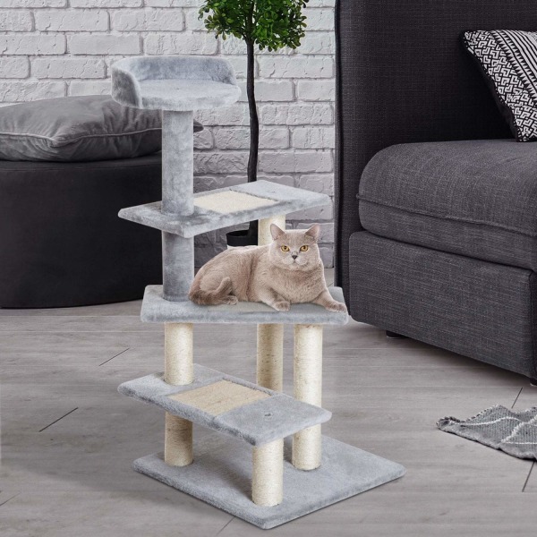 Rootz Gallon Kanna Skrapstolpe Cat Tree - Biege, Grå - Spånskiva, Plysch, Sisal - 18,9 cm x 18,9 cm x 39,17 cm