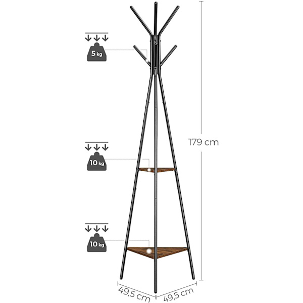 Rootz-naulakko - Puun muotoinen - Teollinen - 2 hyllyä - 5 koukkua - Seisova naulakko - Ruskea - Musta