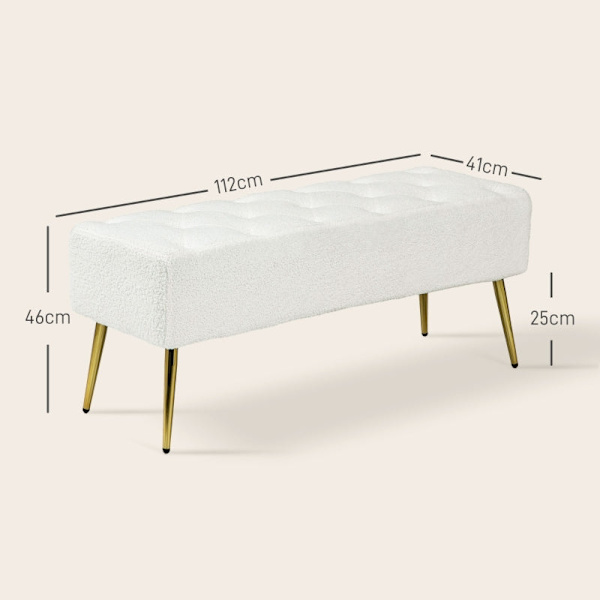Rootz sengebænk med imiteret lammeuldsbetræk - Polstret bænk - Soveværelsesbænk - Tyk polstring - Stålben - Cremefarvet - 112 cm x 41 cm x 46 cm