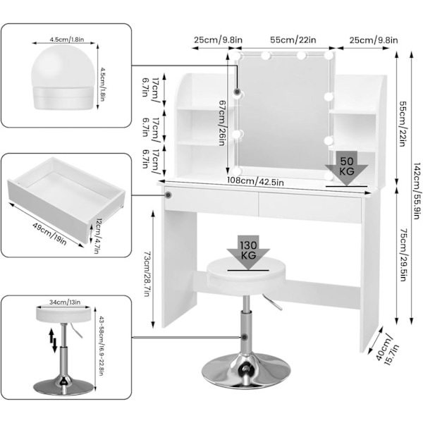 Rootz White Sminkbord med pall - Sminkbord - Skönhetsskrivbord - Justerbar LED-belysning - Gott om förvaring - Hållbar konstruktion - 108cm x 142cm x