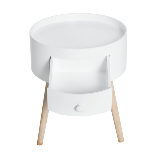 Rootz Sofabord Med Skuffe - Sidebord - Rundt - Scandi Design - Beskyttelseskant - Træ - Hvid - Ø38 x H45 cm