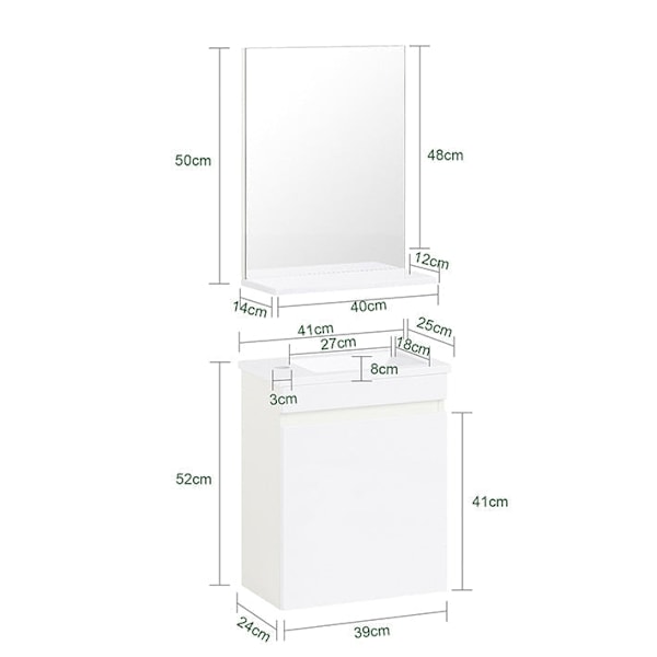 Rootz badeværelse synke kabinet sæt - forfængelighed enhed - vaskebassin - kompakt design - 41x52x25cm kabinet, 40x50x14 cm spejl, 27x18x8 cm bassin
