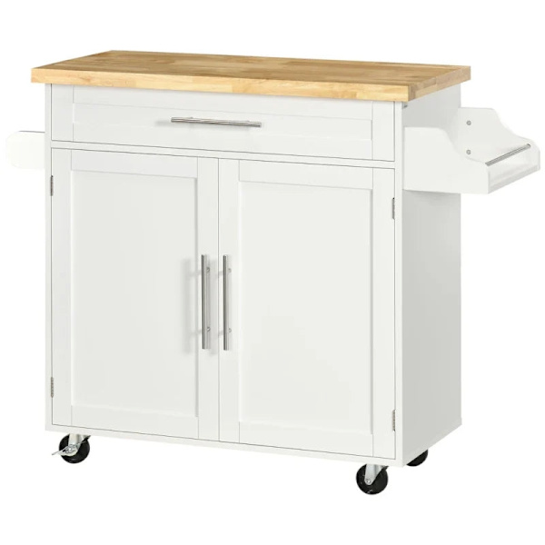 Rootz Köksvagn - Serveringsvagn - Köksö - 1 kryddställ - 1 handdukshållare - Justerbar i höjdled - Gummiträ - Vit - 109L x 40W x 89H cm