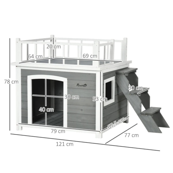 Rootz Hundehus - Tagterrasse - Trapper - Vindue - Gulvfrihed - Naturligt træ - Lysegrå - 121 x 77 x 78 cm