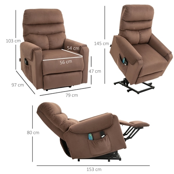 Rootz Power Lifting Chair med Stand-Up Aid - Elektrisk TV hvilestol - Vibrationsmassage - Varmepuder - Brun - 79cm x 97cm x 103cm
