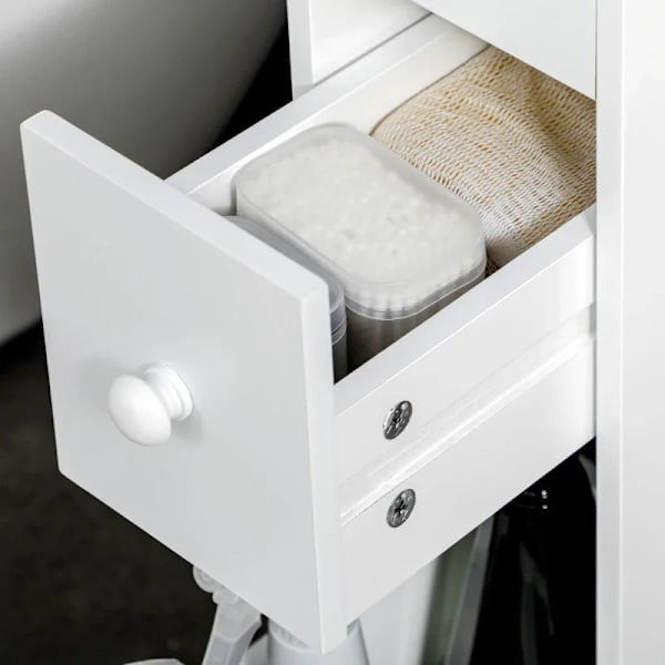 Rootz Badrumsskåp - Smal design - Rullskåp - Två lådor - Fyra hjul - MDF-ram - Vit - 16L x 49,5W x 66H cm
