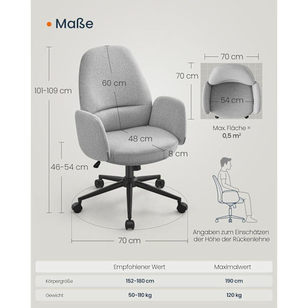 Rootz Snurrstol med Dove Grey Armstöd - Kontorssits - Justerbar i höjdled - Stålram - Bomull-linneblandning - 70 cm x 70 cm x (101-109 cm)