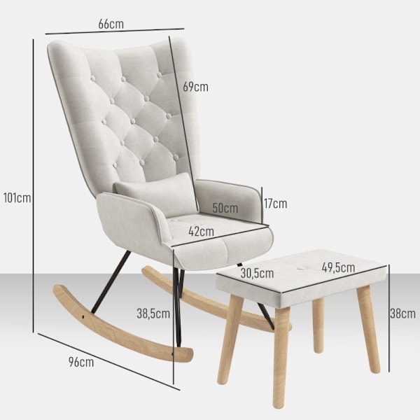 Rootz Loungestol med skammel - Gyngestol - Polstret stol og fodskammel - Fløjlspolstring - Gummitræben - Cremehvid - 66cm x 96cm x 101cm