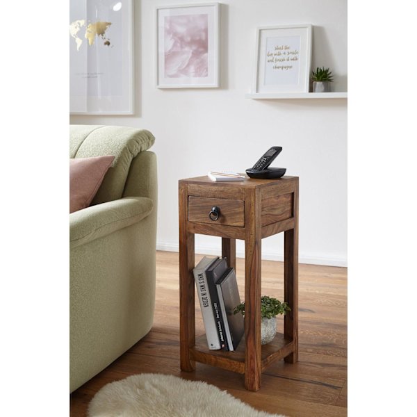 Rootz Sidebord - Massivt træ Sidebord - Telefonbord - Håndlavet - Skuffe - Brun - 30 x 30 x 68 cm