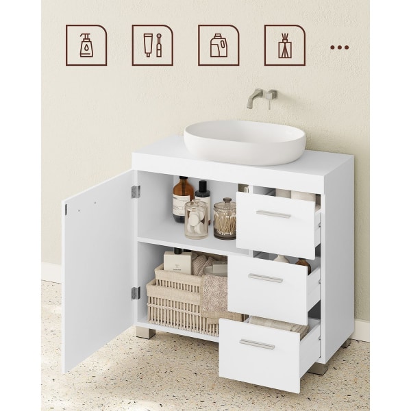 Rootz White Vask Underskab - Badeværelsesvask - Opbevaringsenhed - MDF-konstruktion - Metalhåndtag - 30 cm x 70 cm x 64 cm - 20 cm x 15 cm Hævertåbnin
