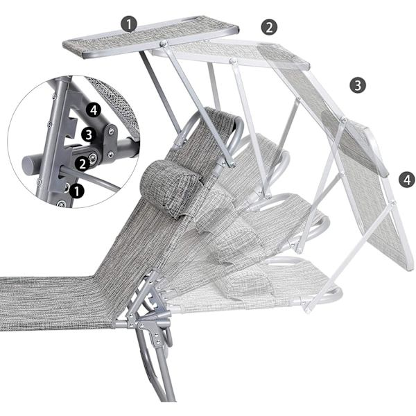 Rootz Solstol - Nackstöd - Soltak - Solskydd - Ryggstöd Justerbart - Fällbart - Grå - Aluminium - 55 x 193 x 31 cm
