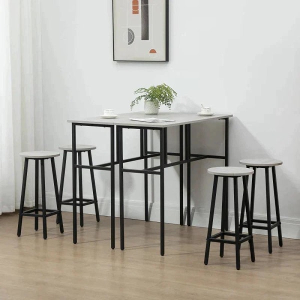 Rootz industrielt barbordssæt - 6 stykker - 2 borde og 4 barstole - Grå + Sort - Spånplade - Stål - 100L x 40W x 90H cm