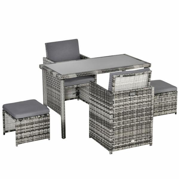 Rootz polyrottinki istuinryhmä - ruokailuryhmä - puutarhasetti - 5 osaa tyynyillä - harmaa - 120L x 60L x 72K cm