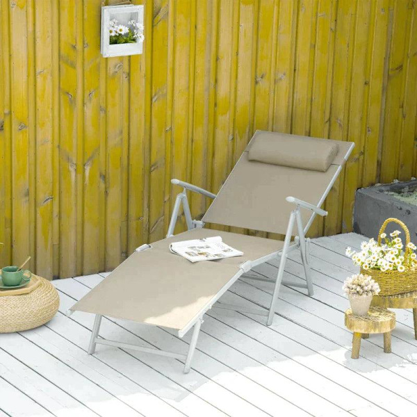 Rootz Solstol - Solstol - Trädgårdssäng - 7 positioner - Justerbar - Strandsäng med kudde - Fällbar - Mesh Metall - Grå + Silver - 137 x 63,5 x 100,5