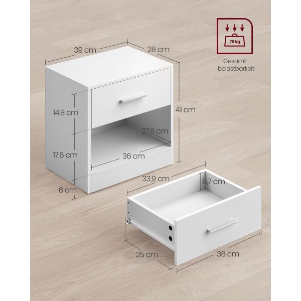 Rootz spånplade sidebord - Klassisk hvidt natbord - Sengebord - Robust konstruktion - Rigelig opbevaring - Nem montering - 28cm x 39cm x 41cm