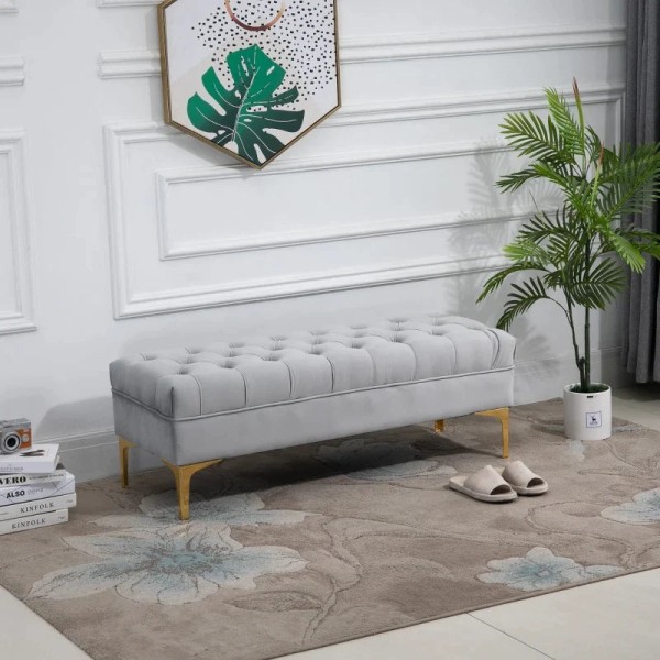 Rootz Sängbänk - Skobänk - Mjuk plysch vaddering - Upphöjda ben - Snygg design - Sovrum - Trä sammet - Ljusgrå -118 x 45 x 42 cm
