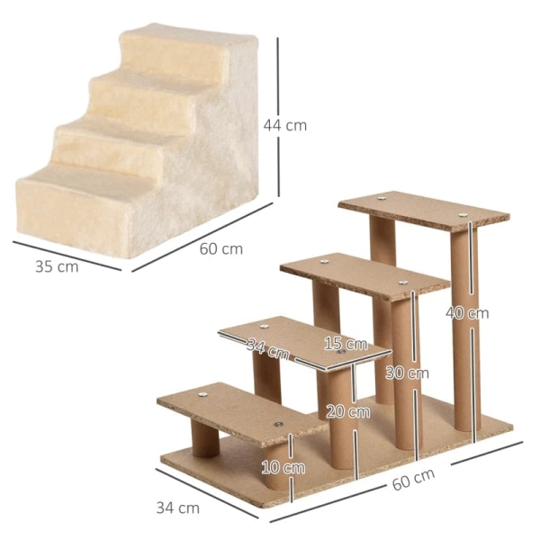 Rootz Djurtrappa - 4-stegs hundramp med avtagbart skydd - Katttrappa - Hundtrappa - Djurtrappa - Spånskiva - Plysch - Beige - 60 x 35 x 44 cm