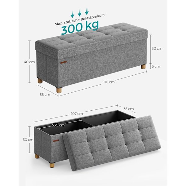 Rootz sædekiste - Opbevaringsbænk - Ottoman - Linnedstof - 38cm x 110cm x 40cm - Skumpolstring - MDF - 112L Kapacitet