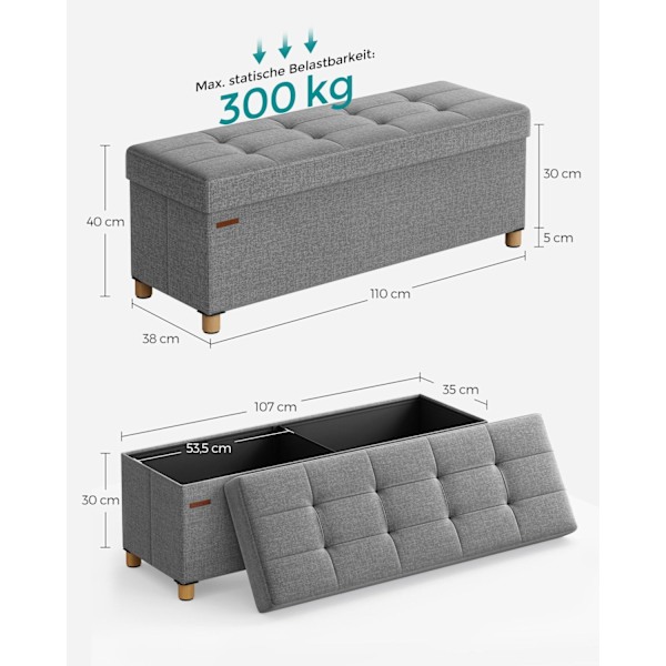 Rootz sitskista - Förvaringsbänk - Osmansk - Linnetyg - 38cm x 110cm x 40cm - Skumstoppning - MDF - 112L Kapacitet