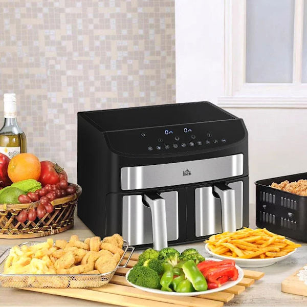 Rootz Hot Air Fryer - Multifunktionell Hot Air Fryer - 8 L Kapacitet - 2 korgar - 60 min tid - Silver + Svart - 38,8L x 36,3W x 31,1H cm