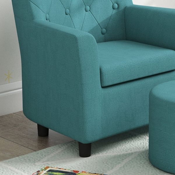 Rootz Kids Lænestolssæt - Børnesofa - Matchende osmannisk - Stilfuldt diamantryglæn - Træramme - Hyggelig polstring - Blå - 45 cm x 43 cm x 50,5 cm