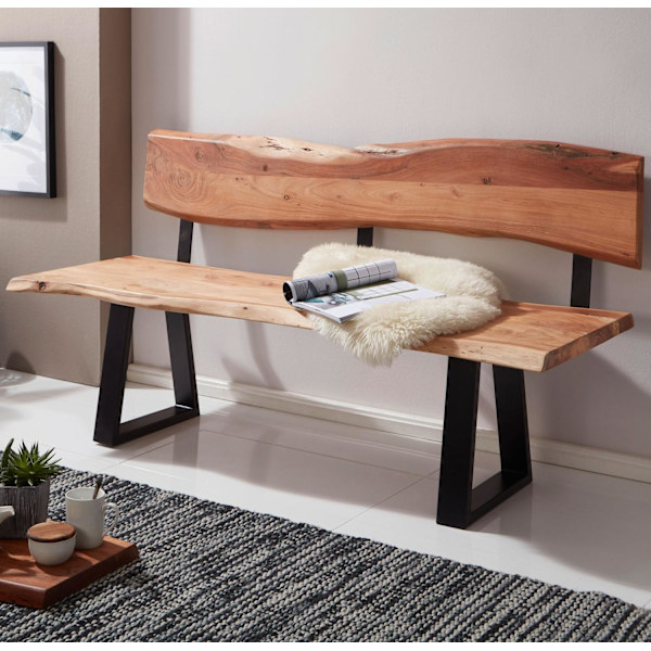 Rootz rum matsalsbänk 160x83,5x60 cm Acacia massivt trä bänk med trädkant - Bänk träbänk med ryggstöd - Köksbänk matsalsbänk trä lantlig stil - Trädst