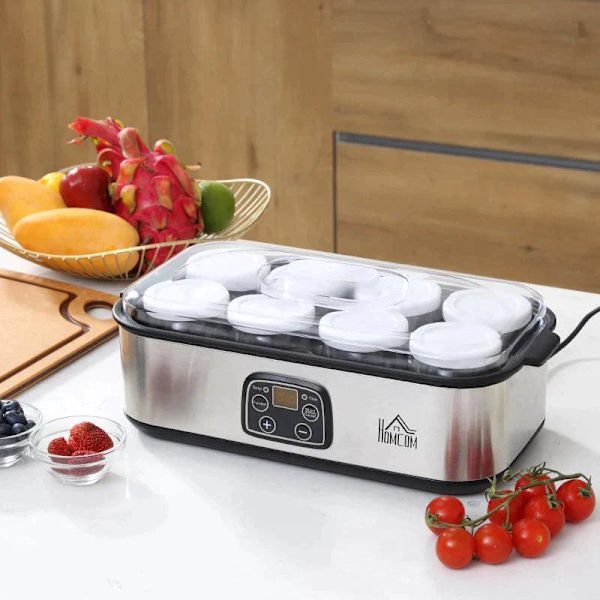Rootz Yoghurt Maker - Yoghurtmaskin med LCD-skärm - 8 yoghurtburkar med glaslock - Rostfritt stål - Glas - Silver - 36 x 18,8 x 14 cm