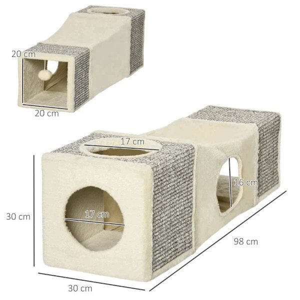 Rootz Cat Tunnel - 2 Cat Caves - Katteseng - Ridsepuder og kuglelegetøj - Spånplade/Fluff/Sisal - Brun/Beige - 98cm x 30cm x 30cm