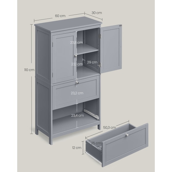 Rootz Dove Grey Badeværelsesskab - Opbevaringsenhed - Organizer - MDF-materiale - Rummeligt design - Nem montering - 30cm x 60cm x 110cm