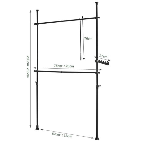 Rootz Justerbar Teleskop tøjstang - Garderobeskabe - Reolsystem - Pladsbesparende - Nem montering - Variabel størrelse 62-113cm x 200-285cm