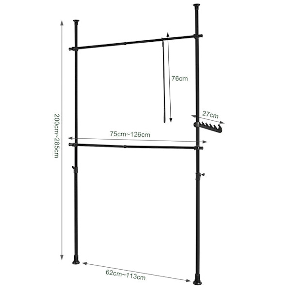 Rootz justerbar teleskopisk klädstång - Garderobshållare - Hyllsystem - Platsbesparande - Enkel montering - Variabel storlek 62-113cm x 200-285cm